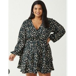 Arula Size 1X Mini Tallulah Dress Green Leopard A-Line Blouson Boho Button Front